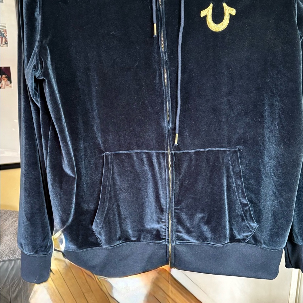 True Religion Navy Velour Zip Hoodie with Yellow Horseshoe NWOT